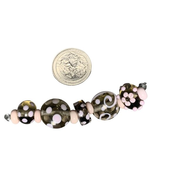 Handmade Pink & Gray Lampwork Glass Beads Polka Dot & Swirl Pattern Jewelry Maki - Picture 1 of 6
